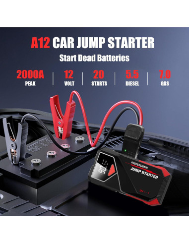 Arrancador de Batería PowQ A12 2000A 12V con Linterna LED