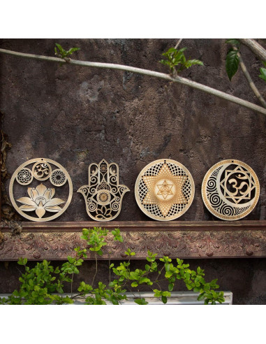 Set de 4 Arte de Pared Geometría Sagrada Madera 13.5 cm