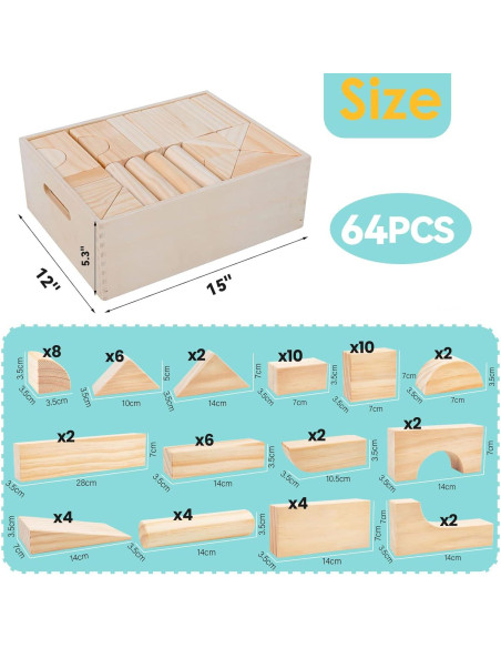 Bloques de Madera Grandes Onshine 64 Piezas para Niños 1-3 Años Bloques de Madera Grandes Onshine 64 Piezas para Niños 1-3 Años