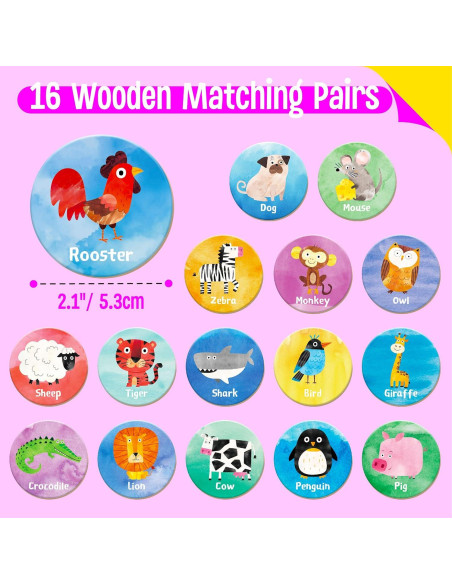 Juego de Memoria de Madera SpriteGru 32 PZS Animales 5.3 cm Juego de Memoria de Madera SpriteGru 32 PZS Animales 5.3 cm