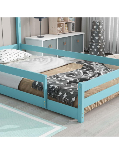 Cama Montessori Twin FTOPBTB con Cabecera Casa Azul Claro Cama Montessori Twin FTOPBTB con Cabecera Casa Azul Claro