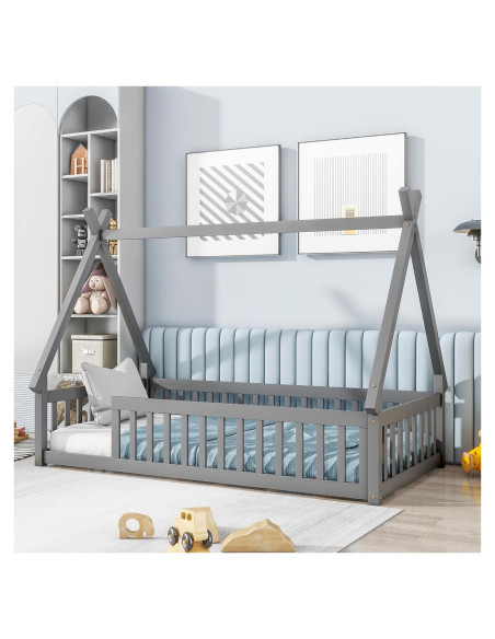Cama de Piso Twin Bellemave Montessori con Cerca Gris Cama de Piso Twin Bellemave Montessori con Cerca Gris