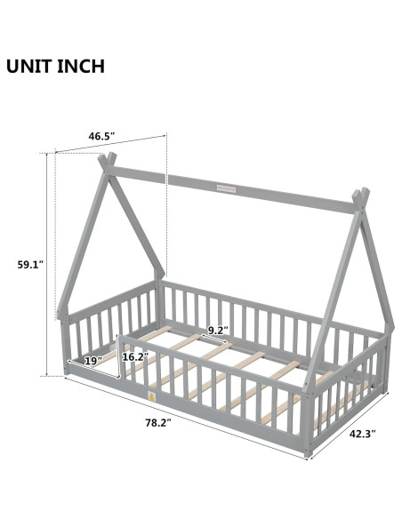 Cama de Piso Twin Bellemave Montessori con Cerca Gris Cama de Piso Twin Bellemave Montessori con Cerca Gris