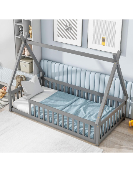 Cama de Piso Twin Bellemave Montessori con Cerca Gris Cama de Piso Twin Bellemave Montessori con Cerca Gris