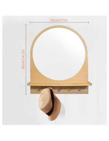Espejo de Pared Irrompible Oranwell con Ganchos y Estante 36x43cm