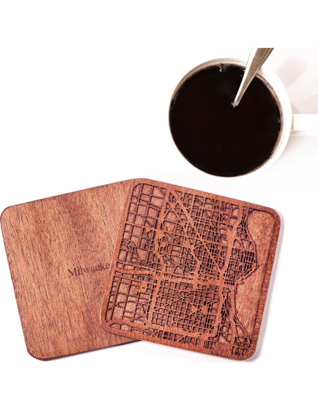 Posavasos de Madera Sapele O3 Design Set de 4 con Mapa Posavasos de Madera Sapele O3 Design Set de 4 con Mapa