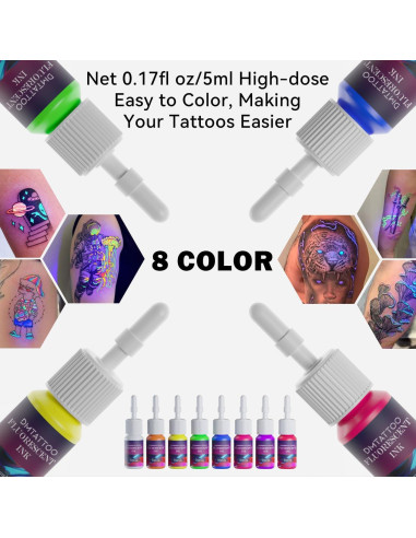 Set de Tinta Fluorescente para Tatuajes DMTATTOO 8 Colores 5ml