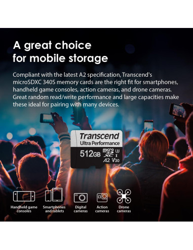Tarjeta microSDXC Transcend 512GB A2 V30 UHS-I para 4K UHD