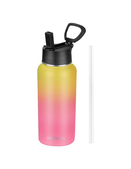 Botella de Agua Aislada YEBTS Life 32 oz con Pajilla Amarillo/Rosa Botella de Agua Aislada YEBTS Life 32 oz con Pajilla Amarillo/Rosa
