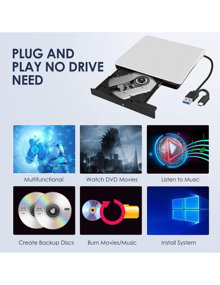 Unidad Externa de CD/DVD Hcsunfly USB 3.0 Tipo C Blanca Unidad Externa de CD/DVD Hcsunfly USB 3.0 Tipo C Blanca