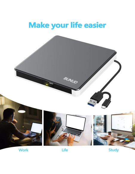 Unidad DVD Externa BUNUD USB-C 5 en 1 para Mac y PC Unidad DVD Externa BUNUD USB-C 5 en 1 para Mac y PC