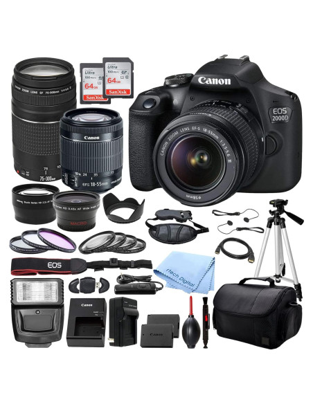Cámara DSLR Canon EOS 2000D con Lentes 18-55mm y 75-300mm Cámara DSLR Canon EOS 2000D con Lentes 18-55mm y 75-300mm