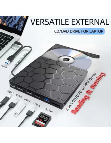 Unidad Externa de CD/DVD VAIYI 8 en 1 USB 3.0 Compatible Mac/Windows