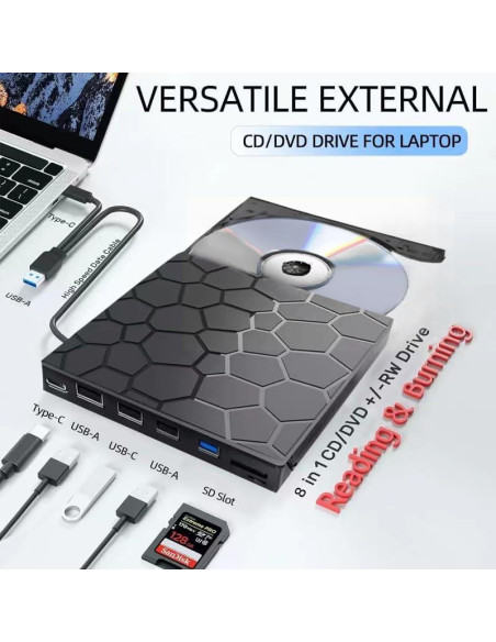Unidad Externa de CD/DVD VAIYI 8 en 1 USB 3.0 Compatible Mac/Windows Unidad Externa de CD/DVD VAIYI 8 en 1 USB 3.0 Compatible Mac/Windows