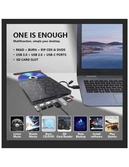 Unidad Externa de CD/DVD VAIYI 8 en 1 USB 3.0 Compatible Mac/Windows Unidad Externa de CD/DVD VAIYI 8 en 1 USB 3.0 Compatible Mac/Windows
