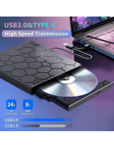 Unidad Externa de CD/DVD VAIYI 8 en 1 USB 3.0 Compatible Mac/Windows