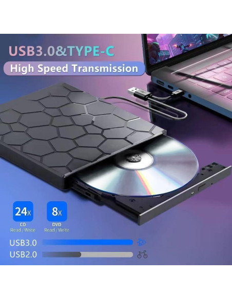 Unidad Externa de CD/DVD VAIYI 8 en 1 USB 3.0 Compatible Mac/Windows Unidad Externa de CD/DVD VAIYI 8 en 1 USB 3.0 Compatible Mac/Windows