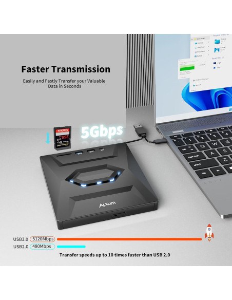 Unidad Externa de CD/DVD Alxum USB 3.0 Portátil 8X Negra Unidad Externa de CD/DVD Alxum USB 3.0 Portátil 8X Negra