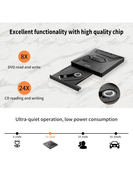 Unidad Externa de CD/DVD Alxum USB 3.0 Portátil 8X Negra Unidad Externa de CD/DVD Alxum USB 3.0 Portátil 8X Negra