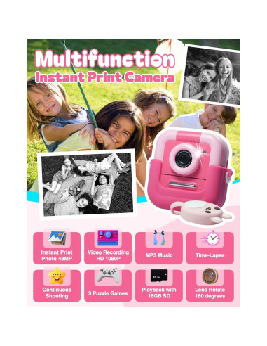 Cámara Instantánea PrizedHome para Niños Rosa 48MP HD 1080P