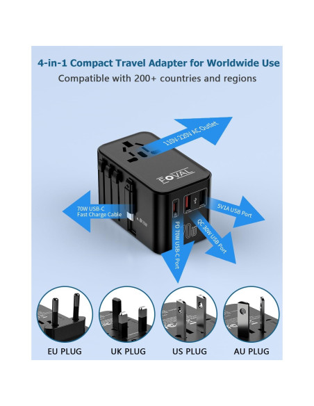 Adaptador de Enchufe de Viaje FOVAL 70W Universal con USB Adaptador de Enchufe de Viaje FOVAL 70W Universal con USB