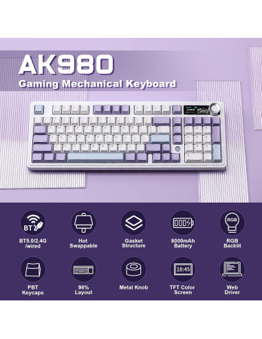 Teclado Mecánico AJAZZ AK980 Inalámbrico RGB 98% Púrpura