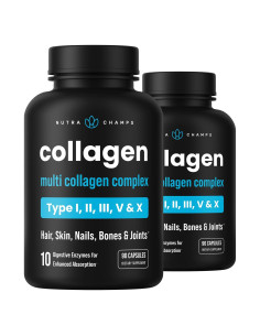 Píldoras de Colágeno NutraChamps, 180 Cápsulas, Tipos I, II, III, V, X