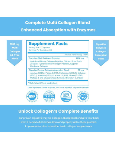 Píldoras de Colágeno NutraChamps, 180 Cápsulas, Tipos I, II, III, V, X