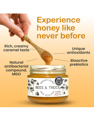 Miel de Manuka Bees & Trees 350+MGO Cruda 380g Nueva Zelanda