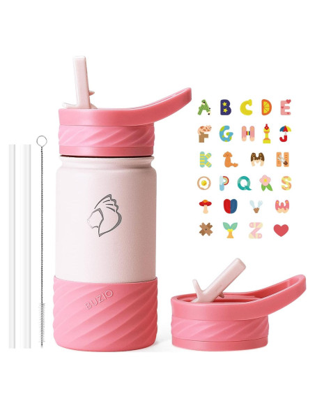Botella de Agua Aislada BUZIO 396ml Rosa con Popote Botella de Agua Aislada BUZIO 396ml Rosa con Popote