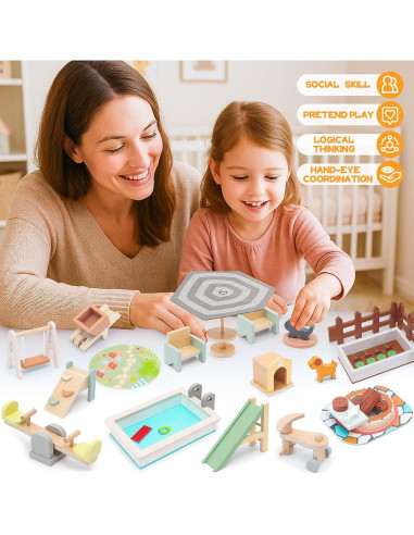 Juego de Muebles de Casa de Muñecas HAPGFS - Madera con Tobogán, Columpio y BBQ