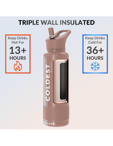 Botella de Agua Aislada Coldest 1183 ml con Popote Rosa