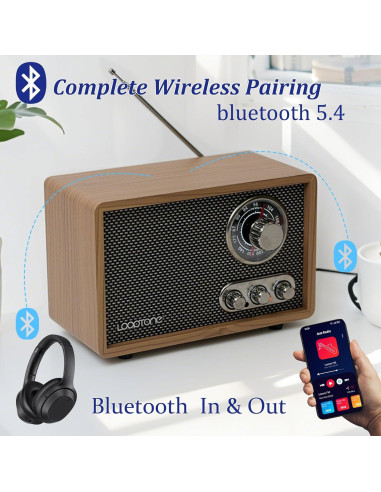 Radio LoopTone R08P AM FM Bluetooth Madera Retro 24cm