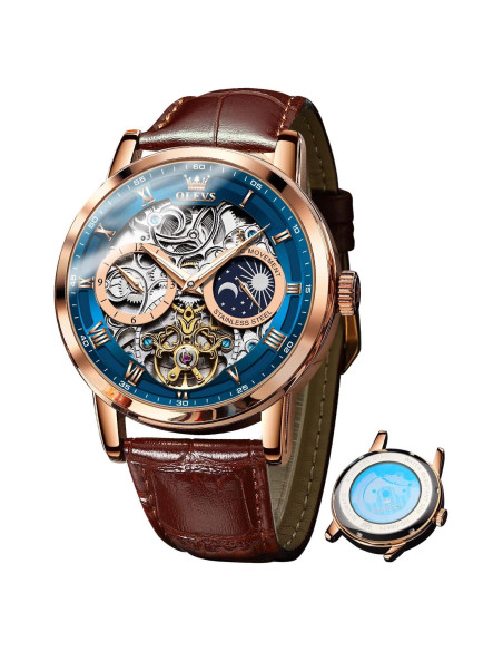 Reloj Esqueleto Automático OLEVS para Hombre Correa Cuero Marrón Reloj Esqueleto Automático OLEVS para Hombre Correa Cuero Marrón