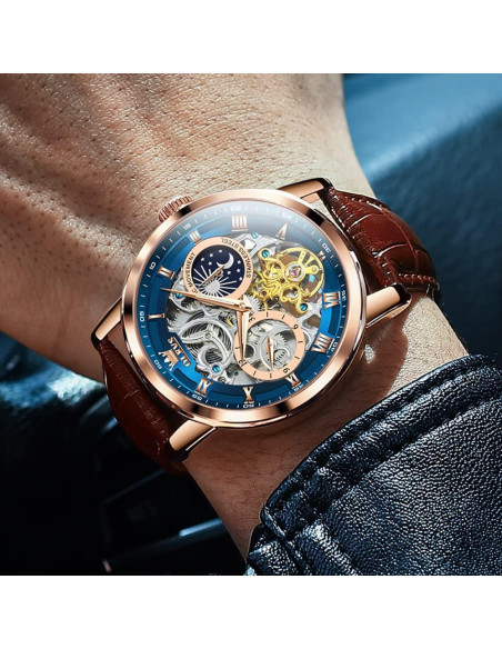 Reloj Esqueleto Automático OLEVS para Hombre Correa Cuero Marrón Reloj Esqueleto Automático OLEVS para Hombre Correa Cuero Marrón