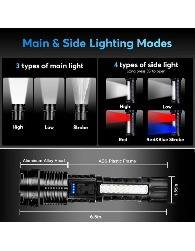 Linterna LED JIJ 3 Pack Recargable IP67 7 Modos 1200 Pies