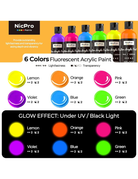 Juego de Pintura Acrílica Fluorescente Nicpro 6 Colores 120 ml Juego de Pintura Acrílica Fluorescente Nicpro 6 Colores 120 ml