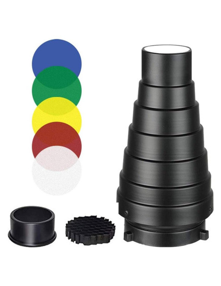 Snoot Cónico Aluminio SUPON con Rejilla y 5 Filtros Color Snoot Cónico Aluminio SUPON con Rejilla y 5 Filtros Color