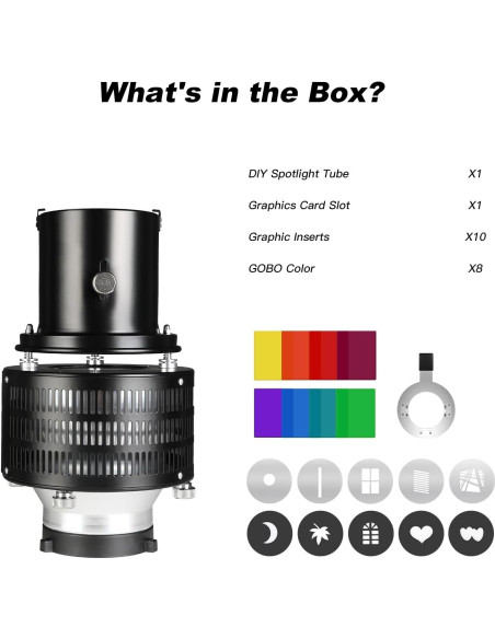Kit Proyector Snoot Óptico Soonpho con 8 Gobos y 10 Filtros Kit Proyector Snoot Óptico Soonpho con 8 Gobos y 10 Filtros