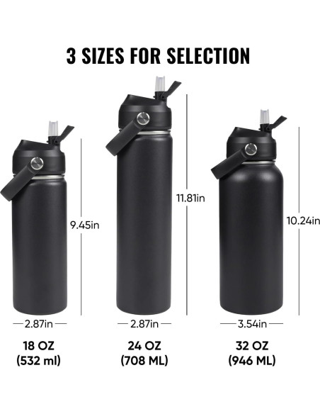 Botella de Agua Aislada Fijinhom 24 oz Doble Pared Negro Botella de Agua Aislada Fijinhom 24 oz Doble Pared Negro