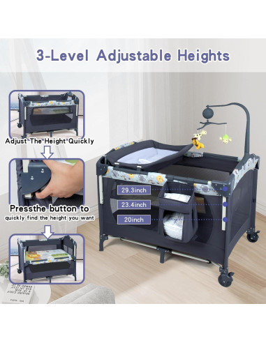 Cuna Lateral 5-en-1 SIMPLGIRL Negra, Cuna Plegable para Bebés