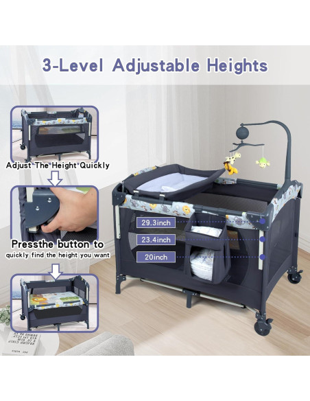 Cuna Lateral 5-en-1 SIMPLGIRL Negra, Cuna Plegable para Bebés Cuna Lateral 5-en-1 SIMPLGIRL Negra, Cuna Plegable para Bebés