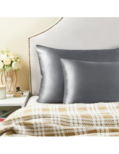 Funda de Almohada de Satén BEDELITE Queen 2 Piezas Gris Oscuro