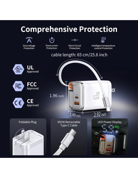 Cargador Mcdodo 67W USB C Plegable con Cable Retráctil Blanco Cargador Mcdodo 67W USB C Plegable con Cable Retráctil Blanco