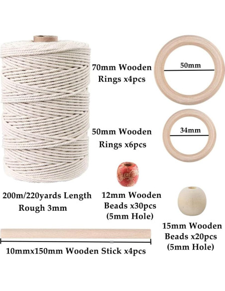 Kit de Macramé 87pcs ZXCDINO Algodón Natural 3mm x 20m Kit de Macramé 87pcs ZXCDINO Algodón Natural 3mm x 20m