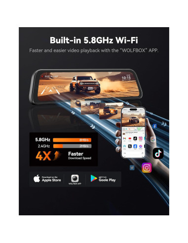 Cámara de Tablero Espejo WOLFBOX G840S 12" 4K con GPS