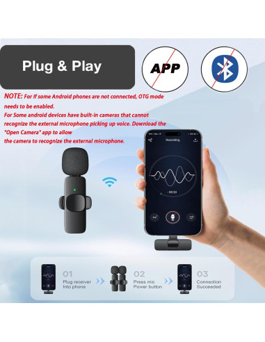 Micrófono Lavalier Inalámbrico Aoiutrn K2 USB-C para iPhone y Android