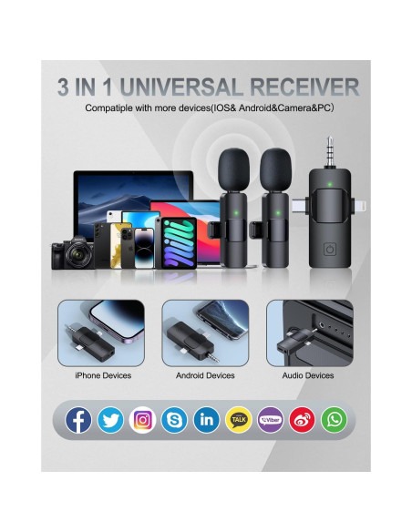 Micrófono Lavalier Inalámbrico PQRQP 3 en 1 para iPhone y Android Micrófono Lavalier Inalámbrico PQRQP 3 en 1 para iPhone y Android