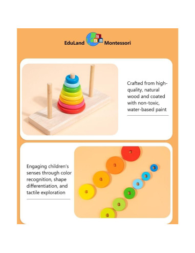 Torres de Hanoi de Madera EduLand Montessori 8 Anillos Juguete Educativo