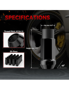 20 Tuercas de Buje Abierto EZISOE M12x1.5 50mm Negras 2